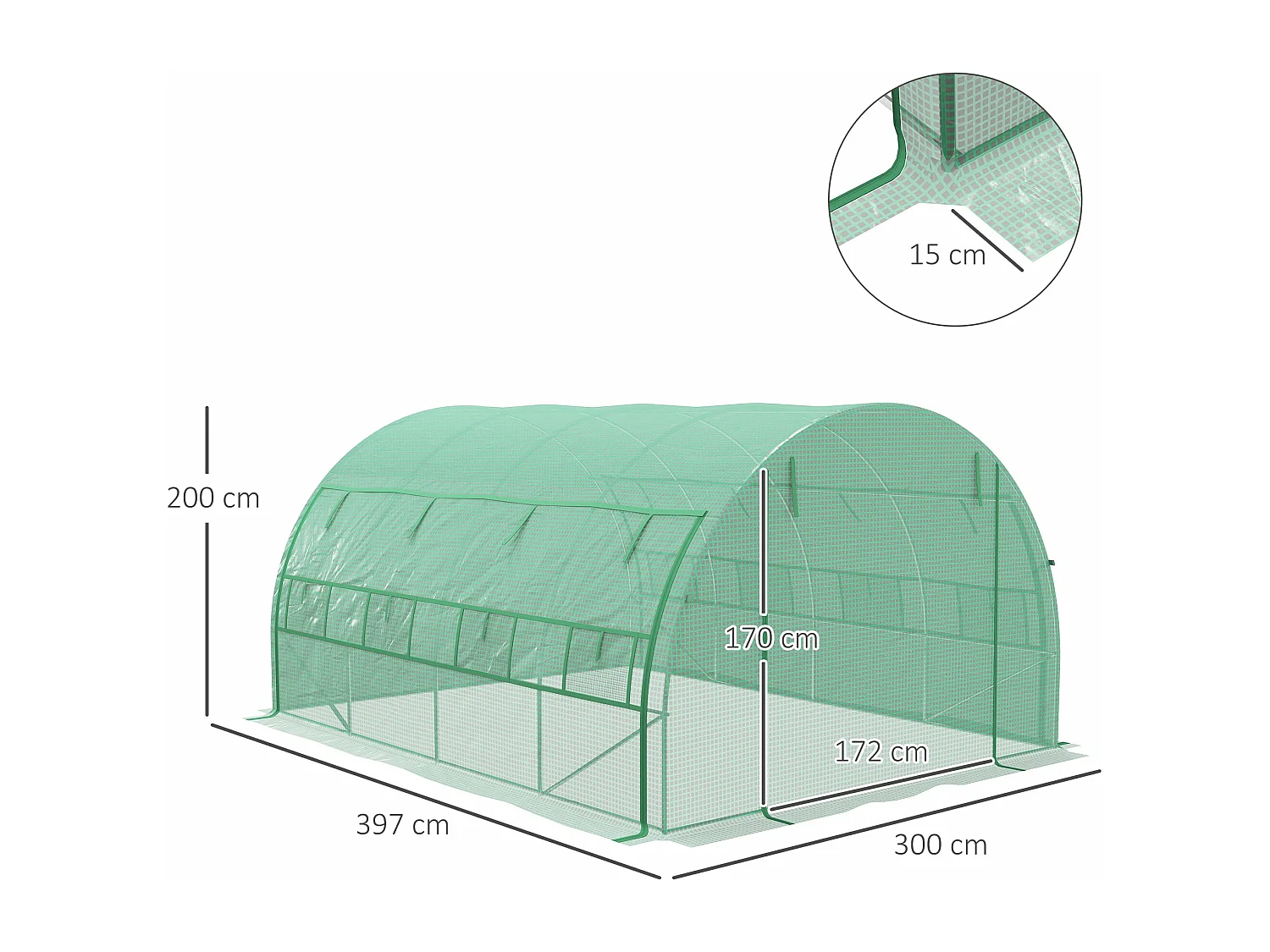 Estufa de Jardim Túnel 397x300x200 cm com Ventilação e Estrutura de Aço Galvanizado