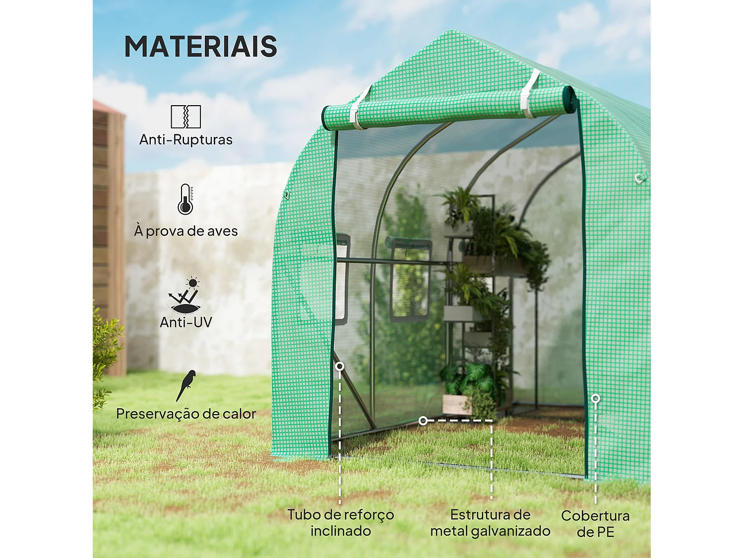 Estufa Túnel 3x2x2 m para Cultivo de Plantas com 6 Janelas e Porta de Acesso