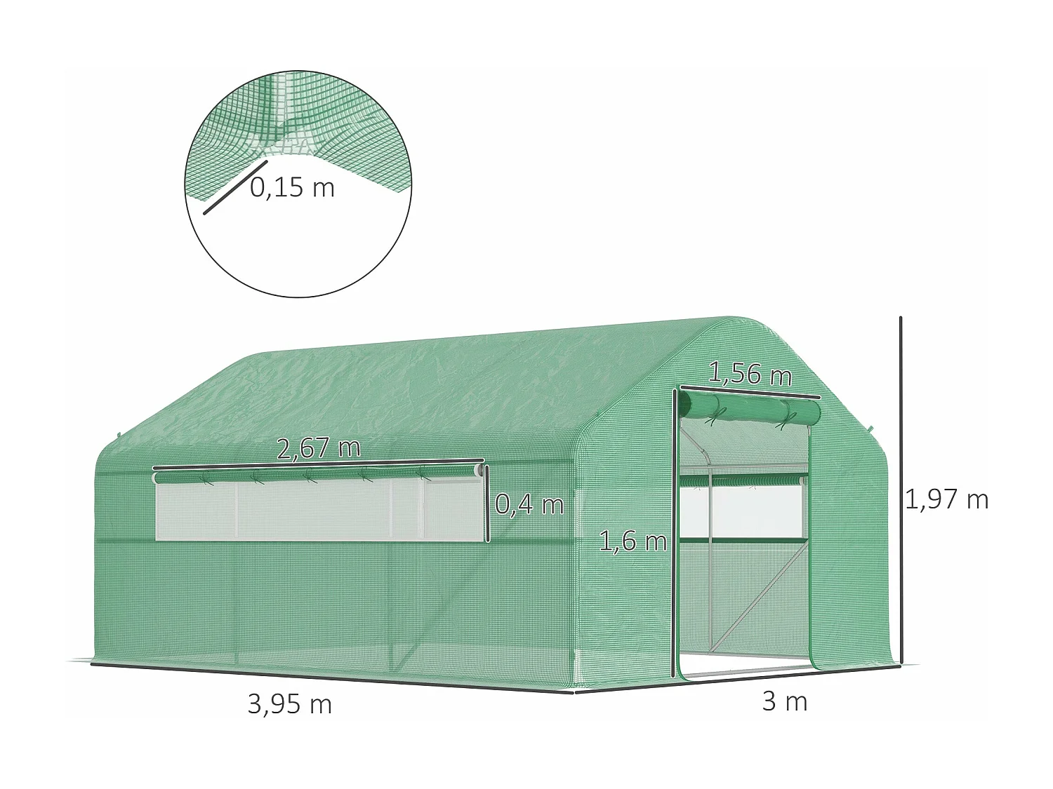 Estufa Túnel 4x3x2 m com Janelas e Porta de Enrolar para Jardim e Pátio