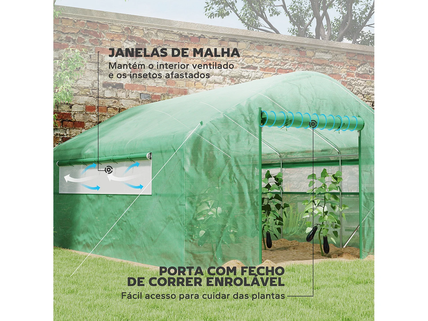 Estufa Túnel 4x3x2 m com Janelas e Porta de Enrolar para Jardim e Pátio