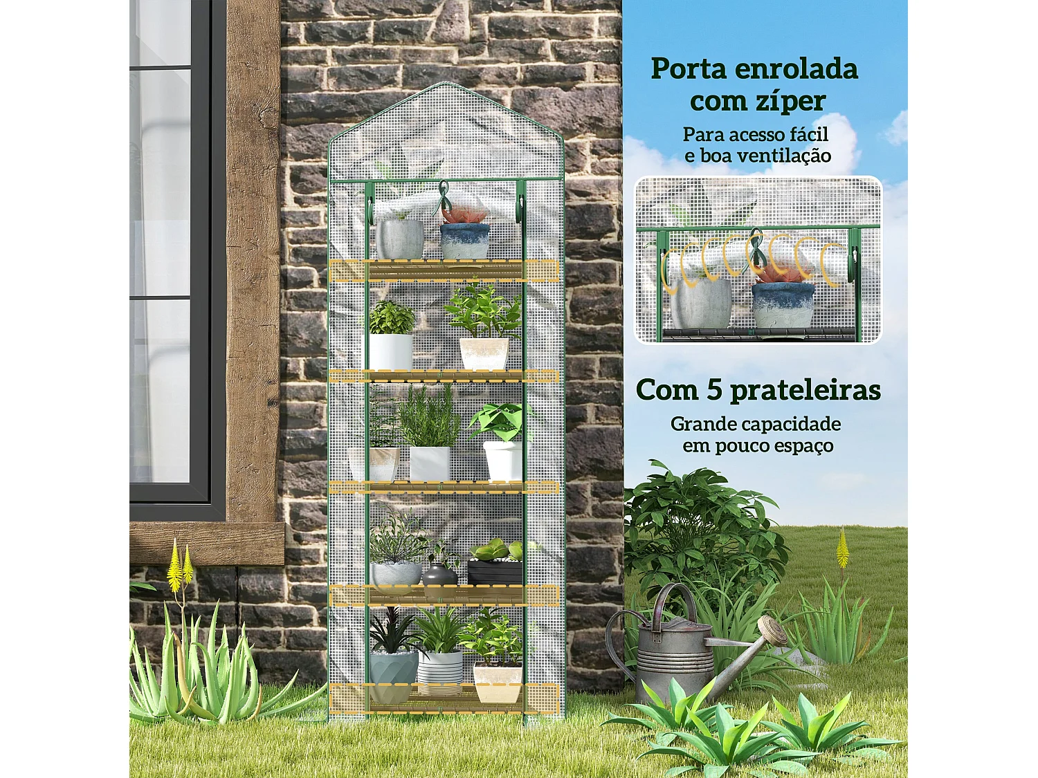 Estufa de Jardim Vertical Compacta com 5 Prateleiras e Cobertura Transparente de PE e Aço Verde
