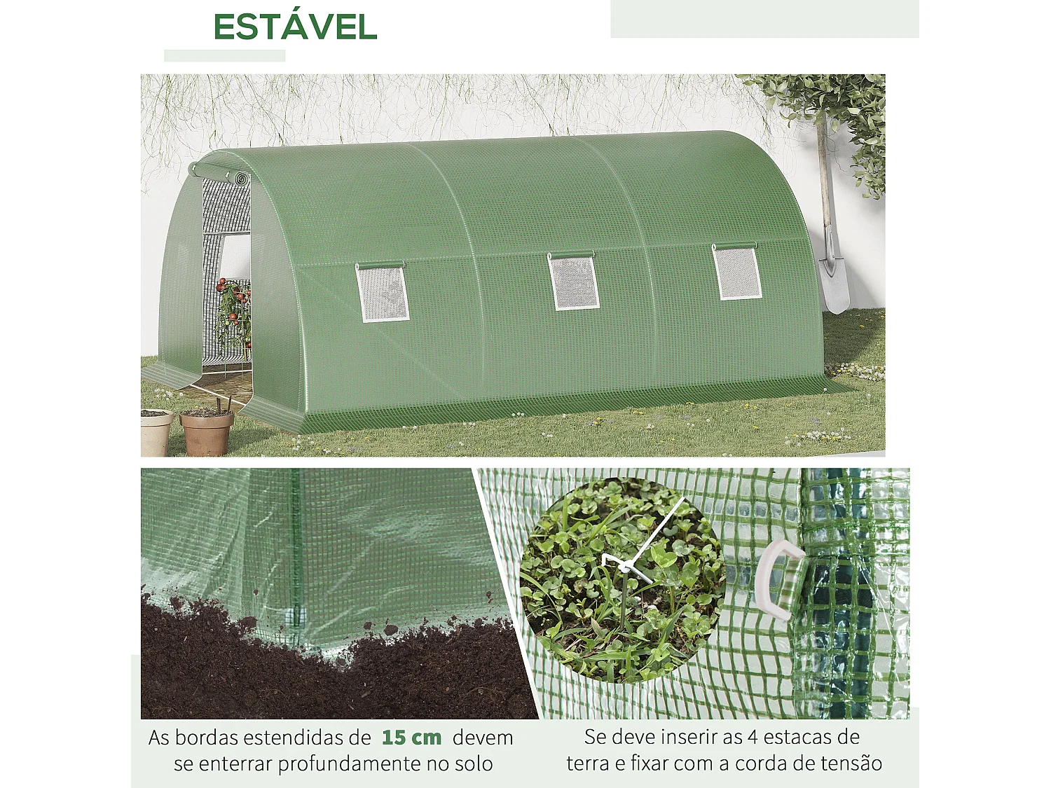 Estufa Tipo Túnel 4,5x3x2 m para Jardim com Janelas de Malha e Porta Enrolável
