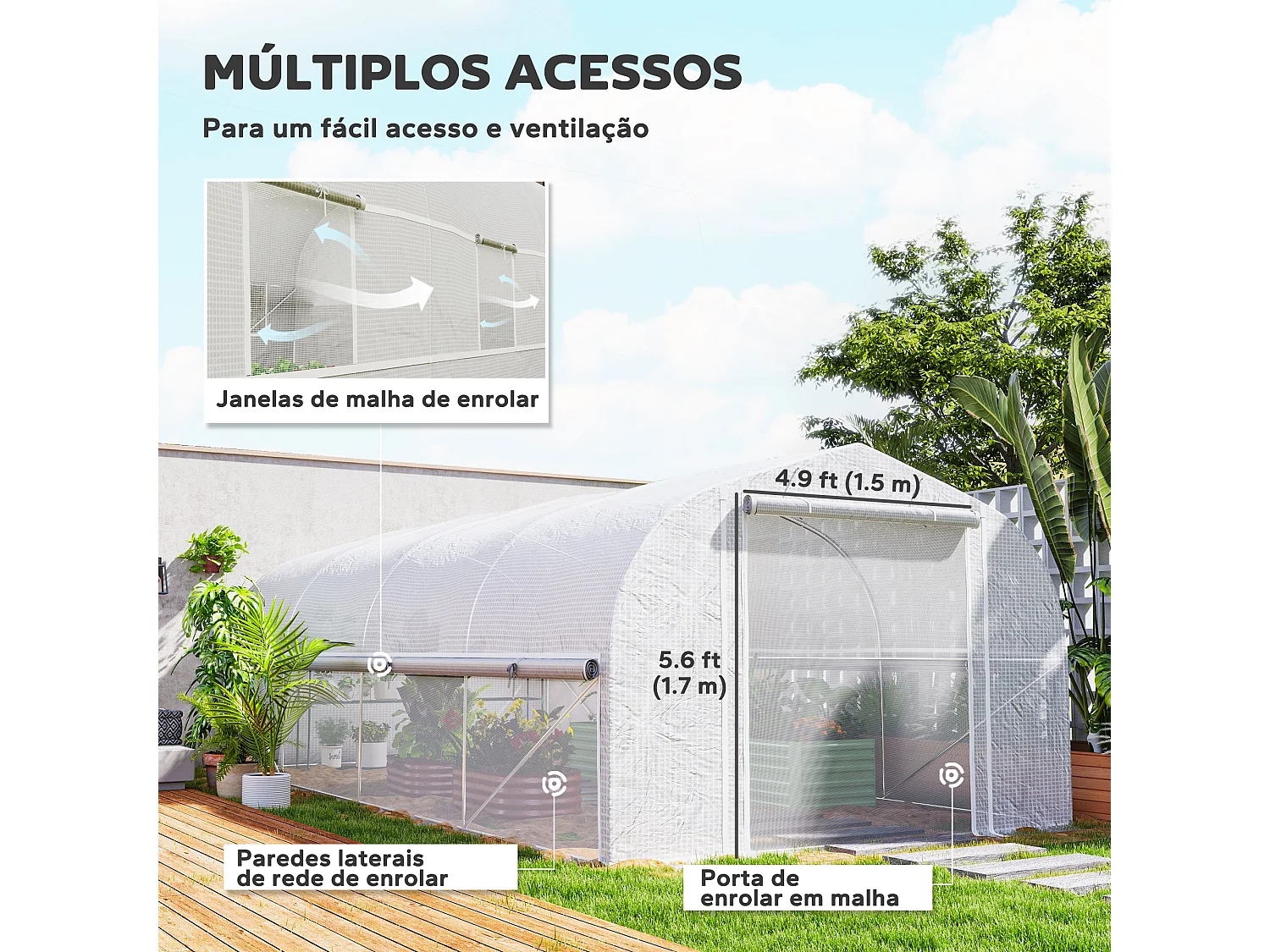 Estufa Túnel 6x3x2 m com 8 Janelas e Porta Enrolável - Proteção UV e Estrutura Resistente para Cultivo de Plantas