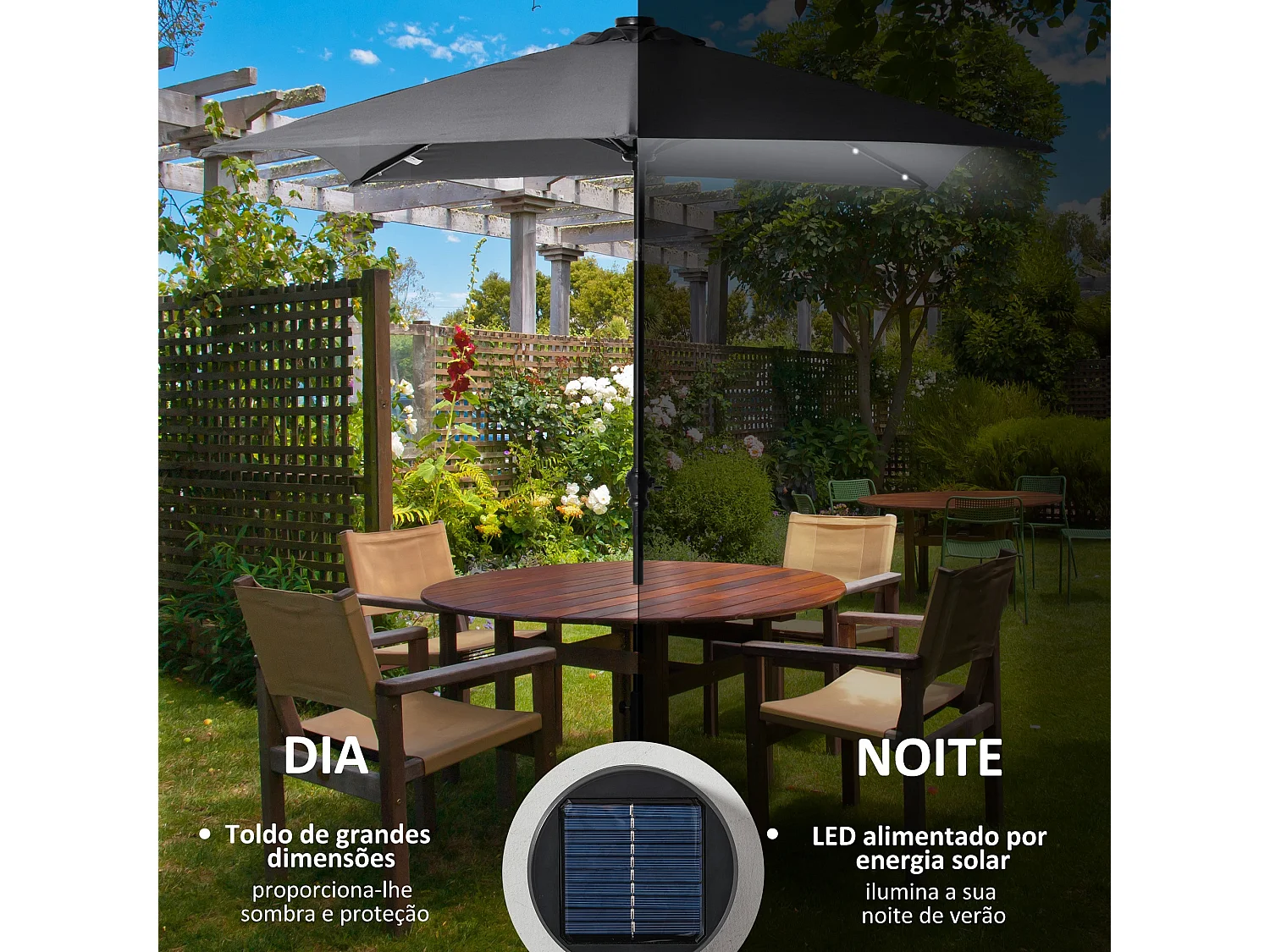 Sombrilla de jardín Outsunny techo inclinable luz LED gris oscuro 248x268x205 cm
