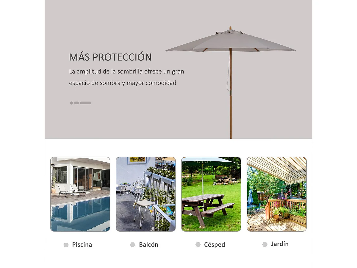 Sombrilla de jardín Outsunny marco de madera apertura cuerda gris Ø2,50x2,30 m