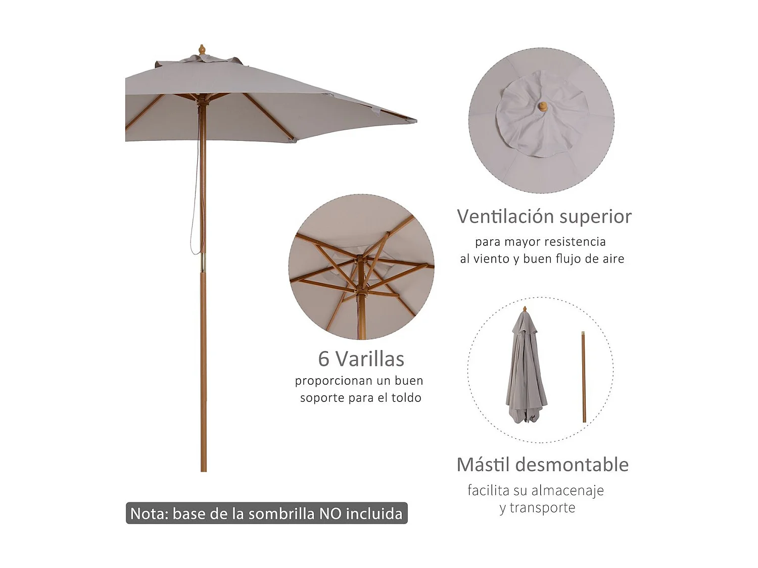 Sombrilla de jardín Outsunny marco de madera apertura cuerda gris Ø2,50x2,30 m