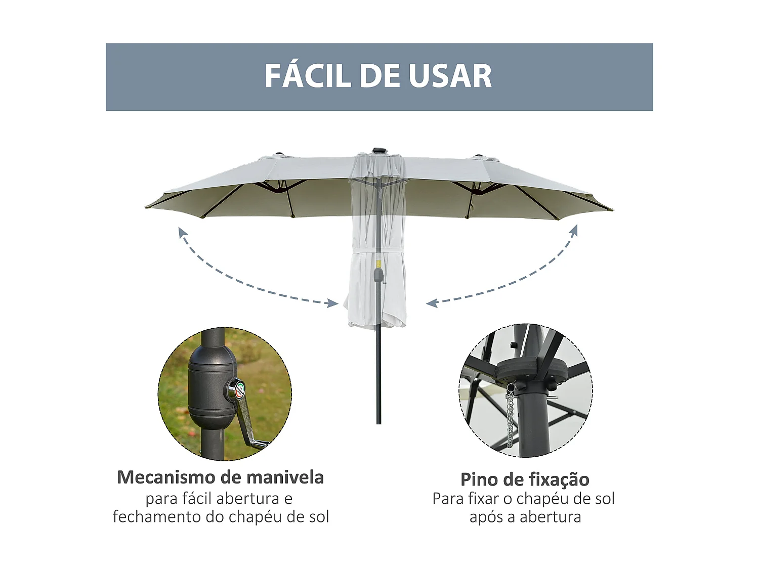 Sombrilla doble Buffalo Outsunny 2 niveles + 48 luces LED + manivela gris 240x450x265 cm