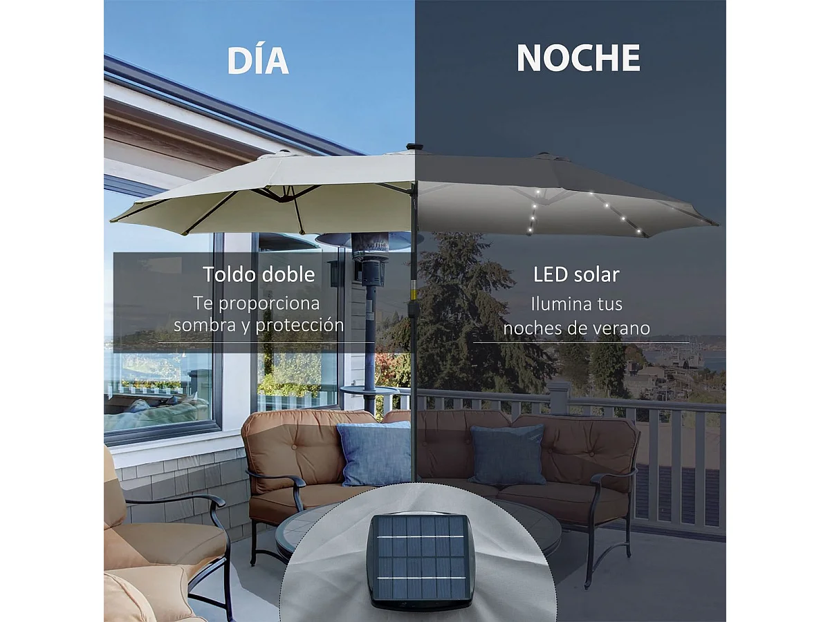 Sombrilla doble Buffalo Outsunny 2 niveles + 48 luces LED + manivela gris 240x450x265 cm
