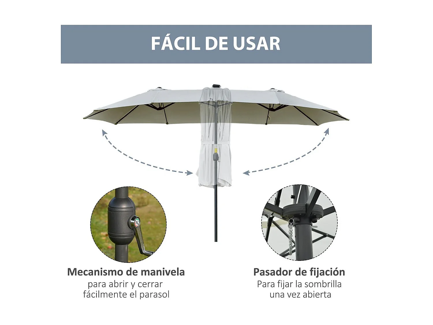 Sombrilla doble Buffalo Outsunny 2 niveles + 48 luces LED + manivela gris 240x450x265 cm