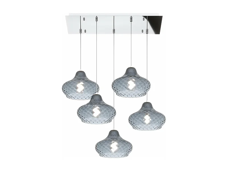 Sospensione Cromo 5 Luci Rettangolare Vetri Piccoli Zaffiro