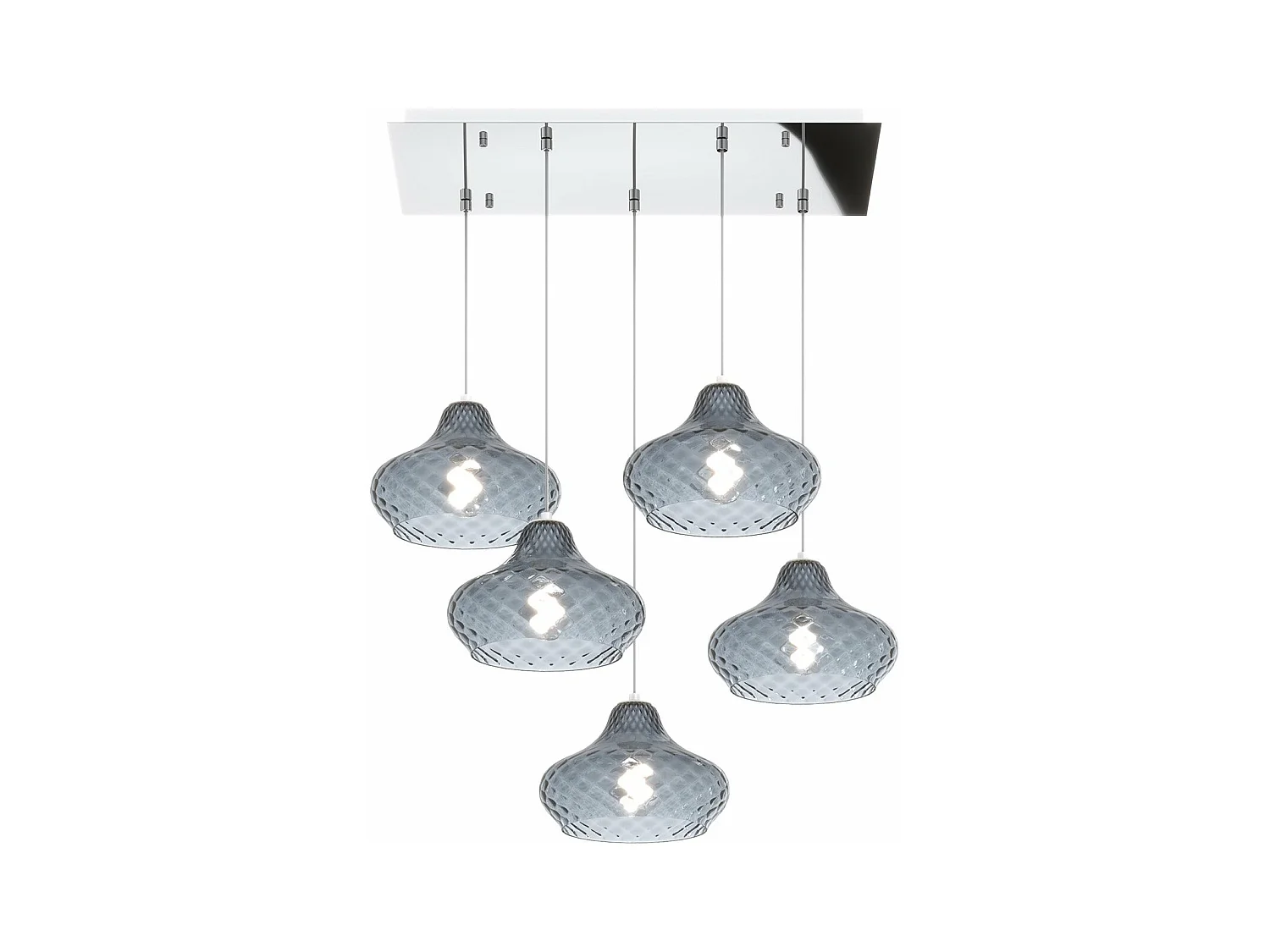 Sospensione Cromo 5 Luci Rettangolare Vetri Piccoli Zaffiro