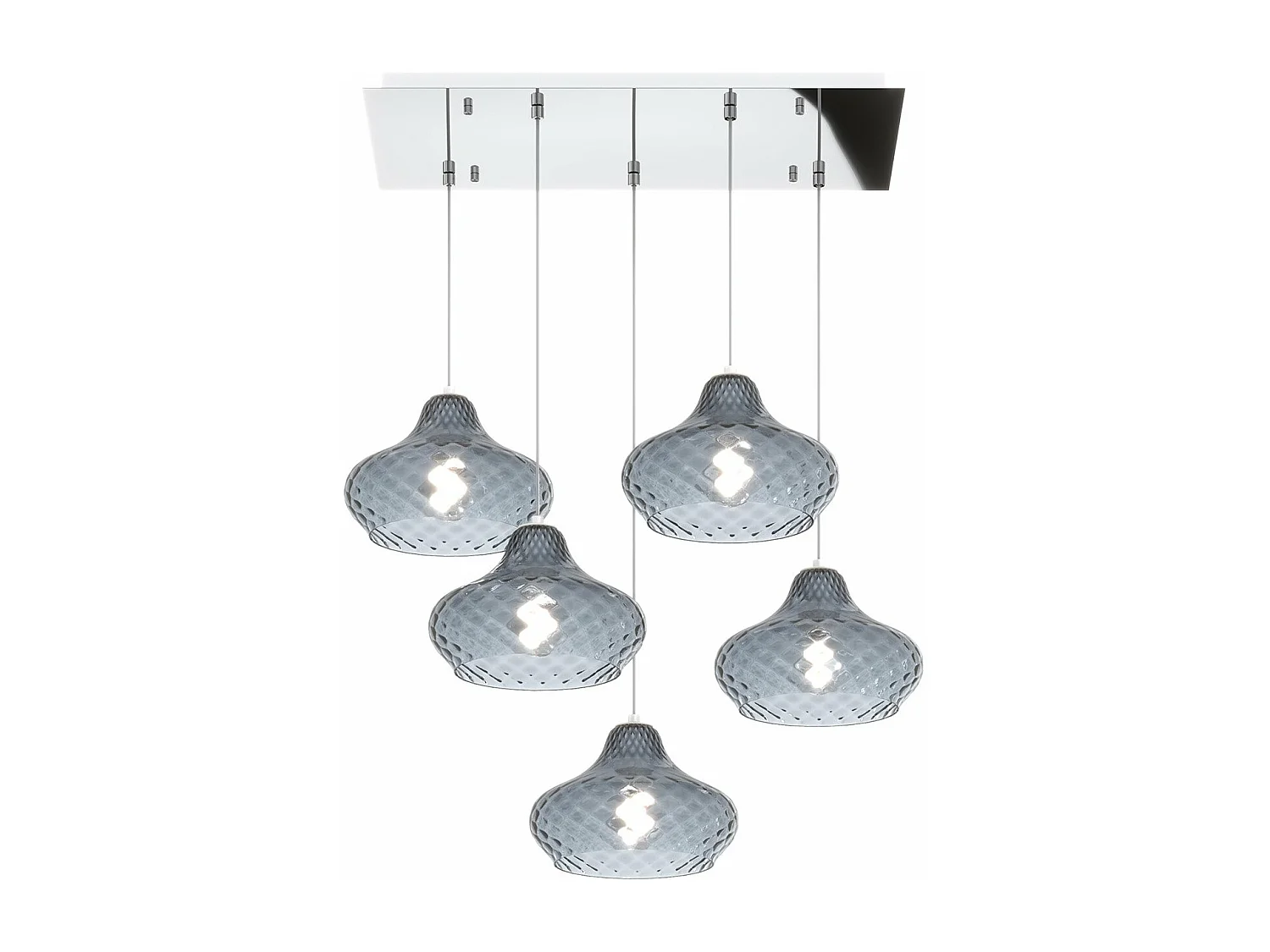 Sospensione Cromo 5 Luci Rettangolare Vetri Piccoli Zaffiro