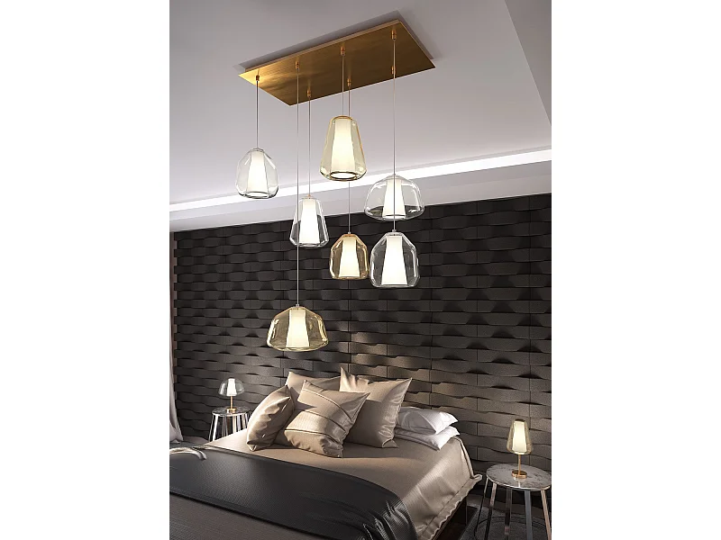 Sospensione Ottone Sat. 7 Luci Rettangolare Vetri (Alpha Tr + Am) (Beta 1X Tr + 2X Am) (Gamma Am + Tr)