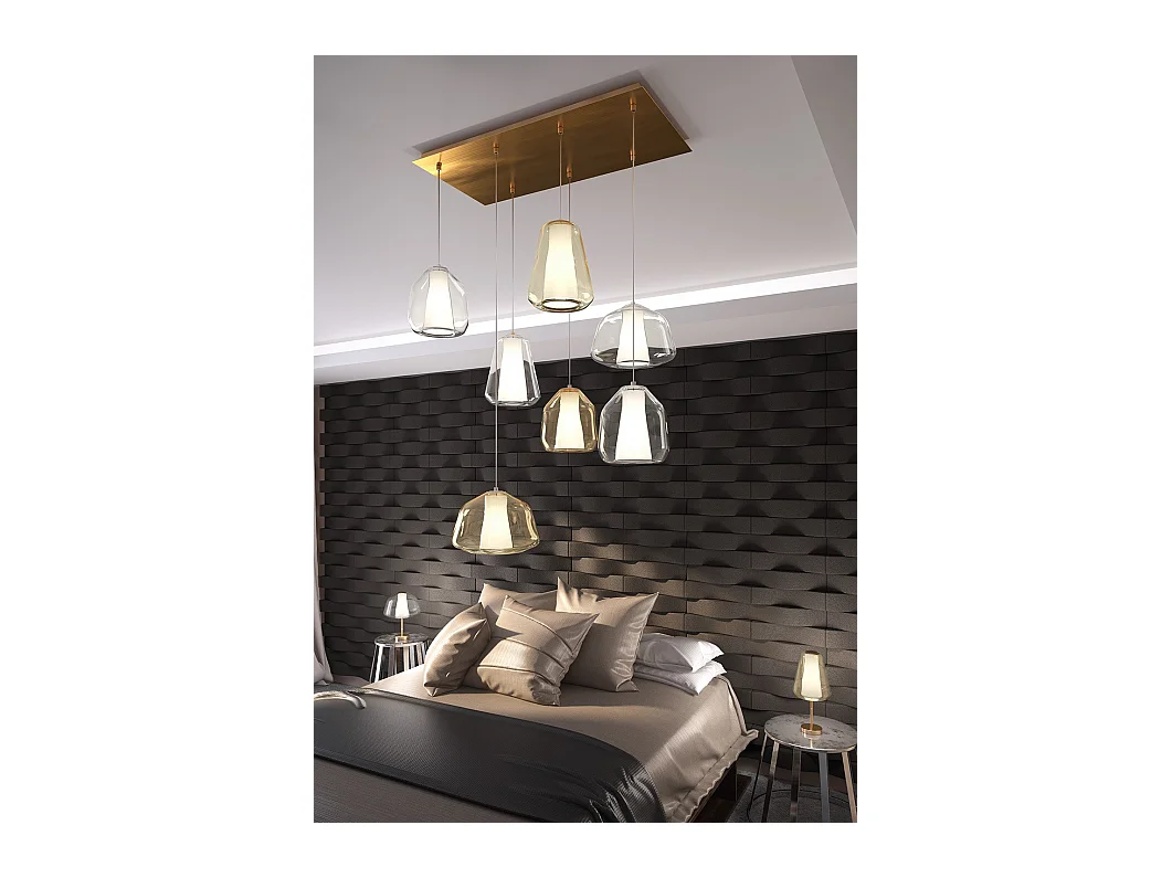 Sospensione Ottone Sat. 7 Luci Rettangolare Vetri (Alpha Tr + Am) (Beta 1X Tr + 2X Am) (Gamma Am + Tr)