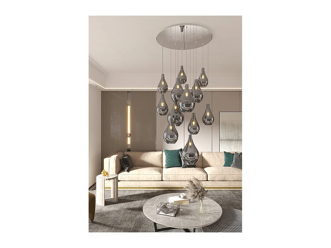 Sosp. Cromo 12 Luci Tonda Vetri Fume' (6 Piccoli+4 Medi+2 Grandi)