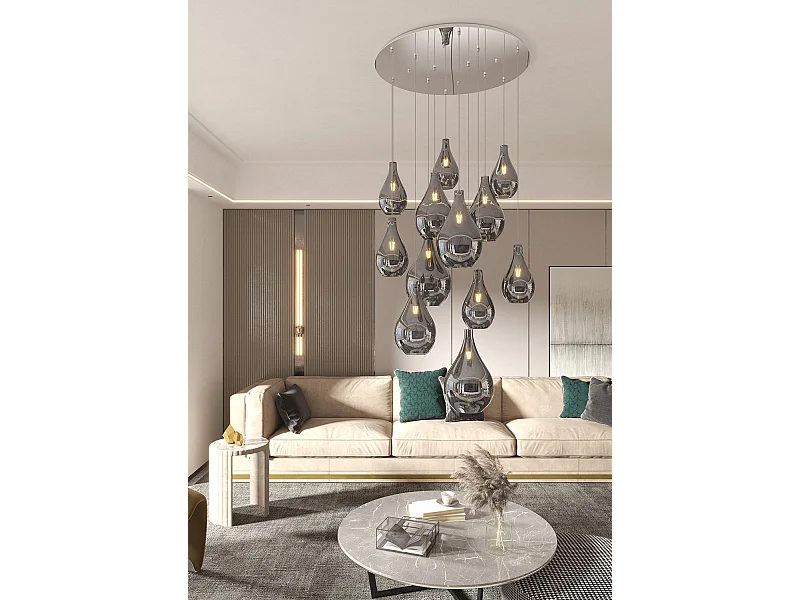 Sosp. Cromo 12 Luci Tonda Vetri Fume' (6 Piccoli+4 Medi+2 Grandi)