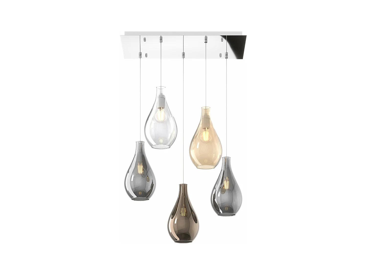 Sosp. Cromo 5 Luci Rettangolare Vetri Piccoli (1Xam+1Xbr+1Xtr+2Xfu)