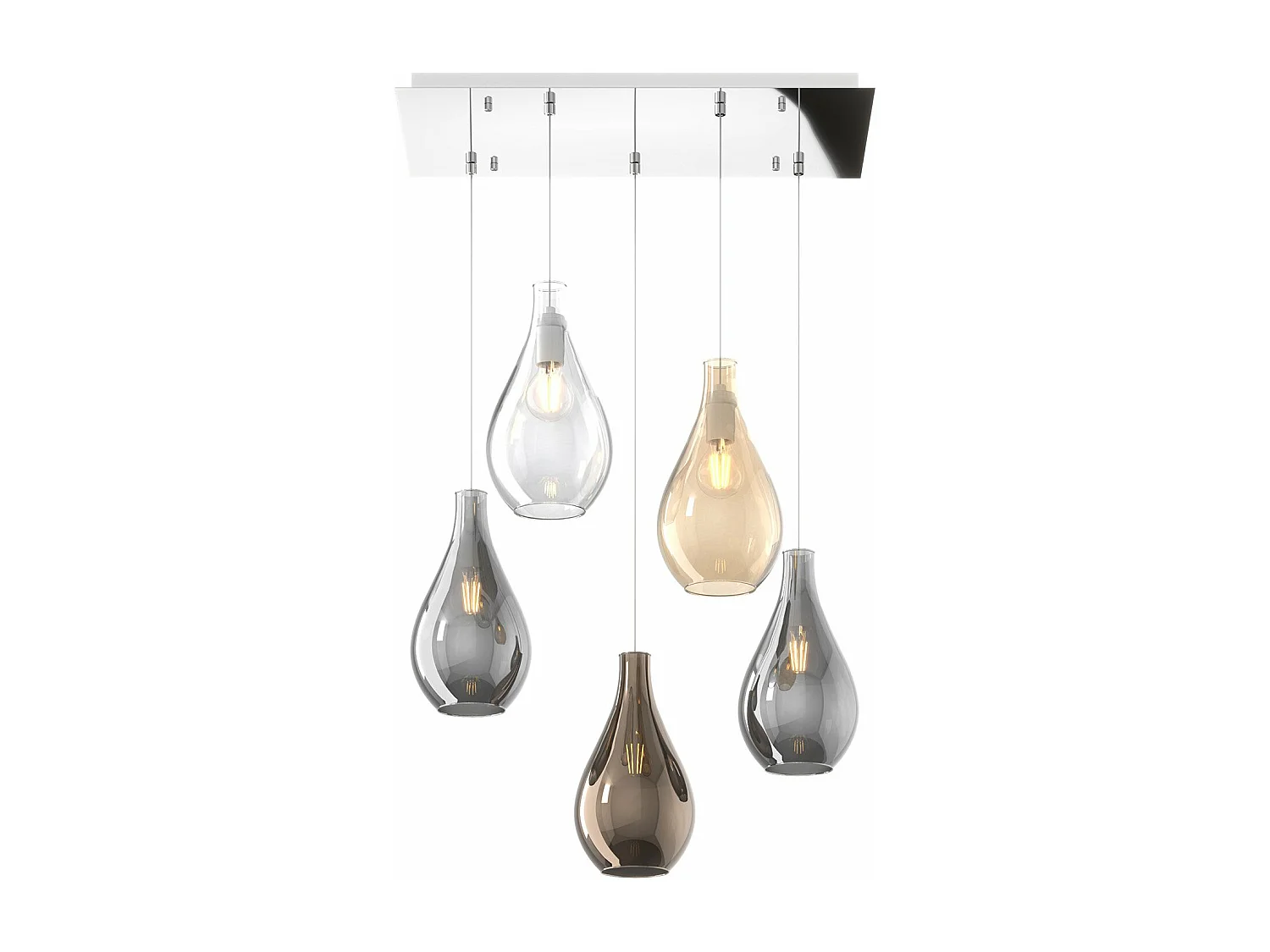 Sosp. Cromo 5 Luci Rettangolare Vetri Piccoli (1Xam+1Xbr+1Xtr+2Xfu)