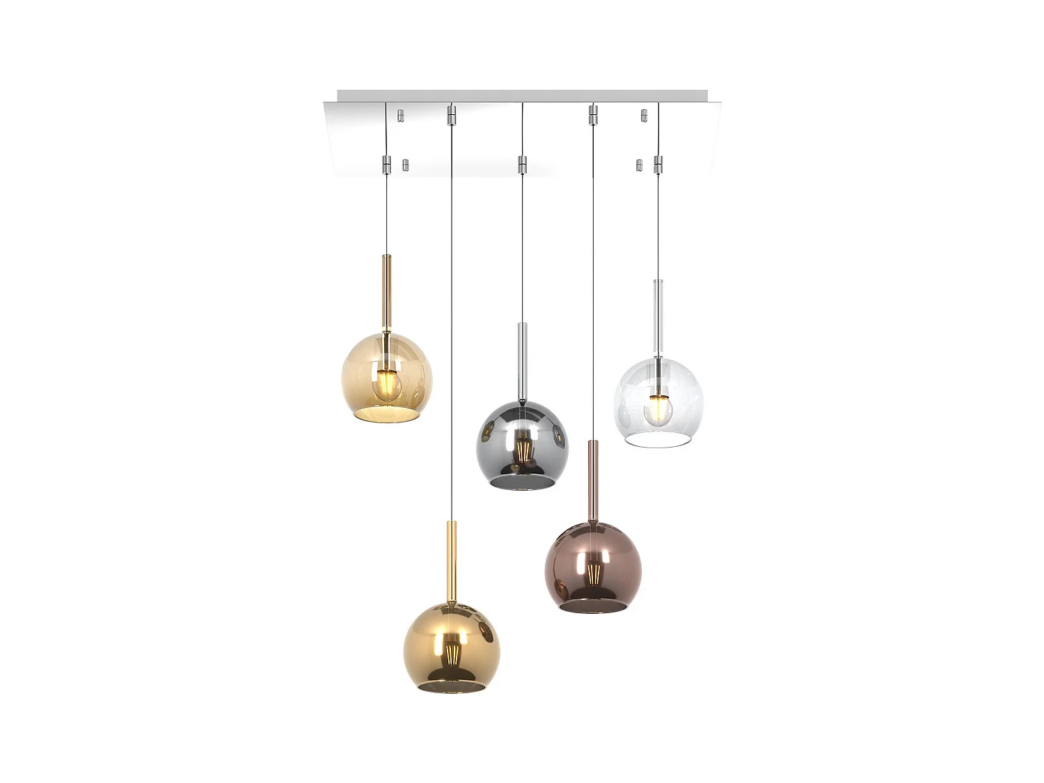 Sosp. Cromo Rettangolare 5 Luci Vetri Tutti Piccolo Trasparente Ambra Cromo Oro Rame