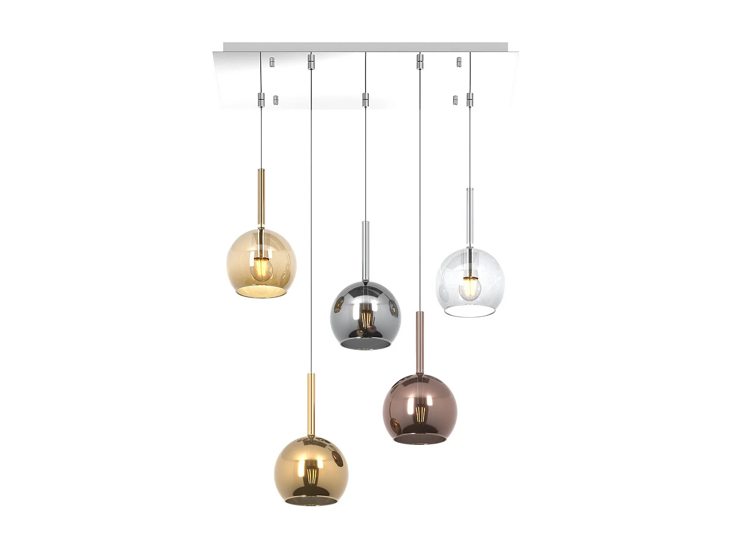 Sosp. Cromo Rettangolare 5 Luci Vetri Tutti Piccolo Trasparente Ambra Cromo Oro Rame