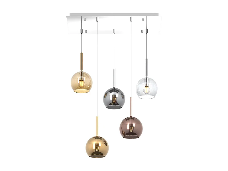 Sosp. Cromo Rettangolare 5 Luci Vetri Tutti Piccolo Trasparente Ambra Cromo Oro Rame