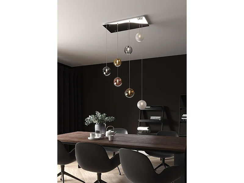 Sospensione Cromo 7 Luci Rettangolare Vetri 2X Tr + 2X Am + Fu + Ra + Or