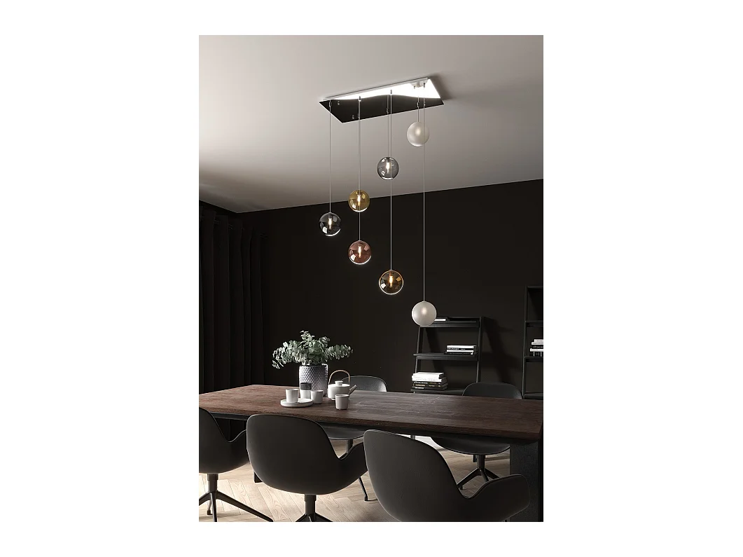 Sospensione Cromo 7 Luci Rettangolare Vetri 2X Tr + 2X Am + Fu + Ra + Or