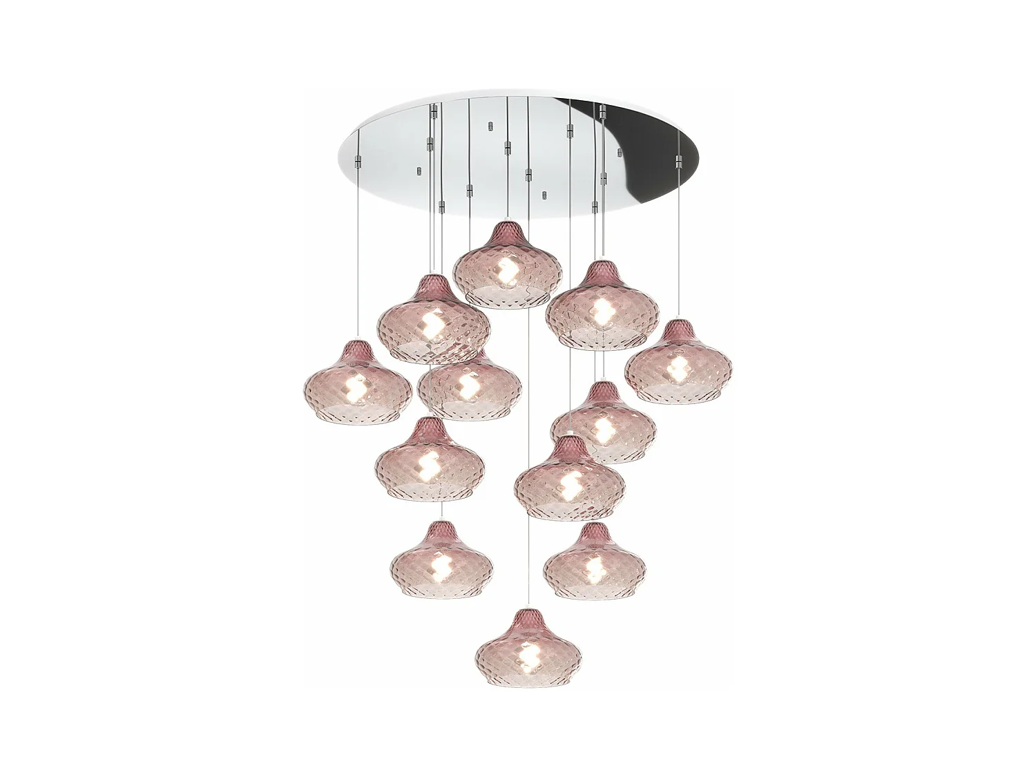 Sospensione Cromo 12 Luci Tonda Vetri Piccoli Rubino