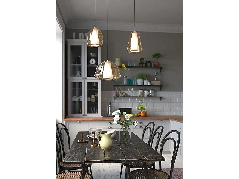 Sospensione Ottone Sat. 3 Luci Spostabile Vetri Alpha + Beta + Gamma Ambra