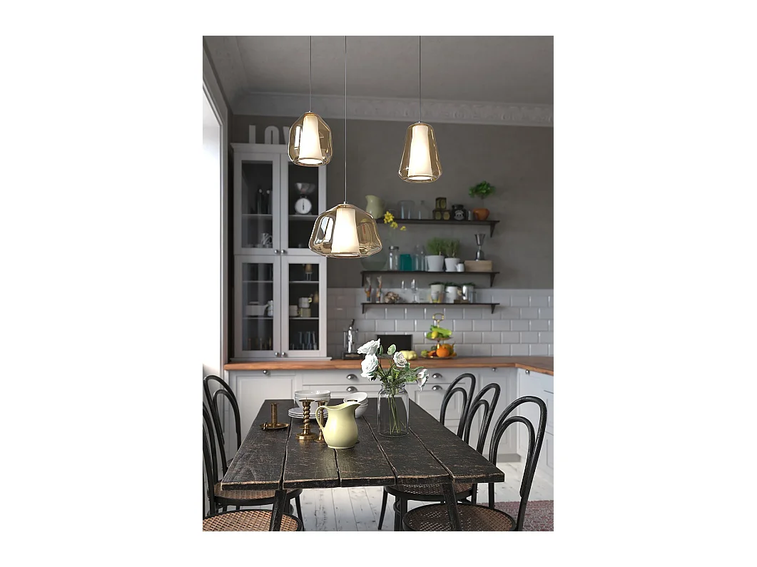 Sospensione Ottone Sat. 3 Luci Spostabile Vetri Alpha + Beta + Gamma Ambra