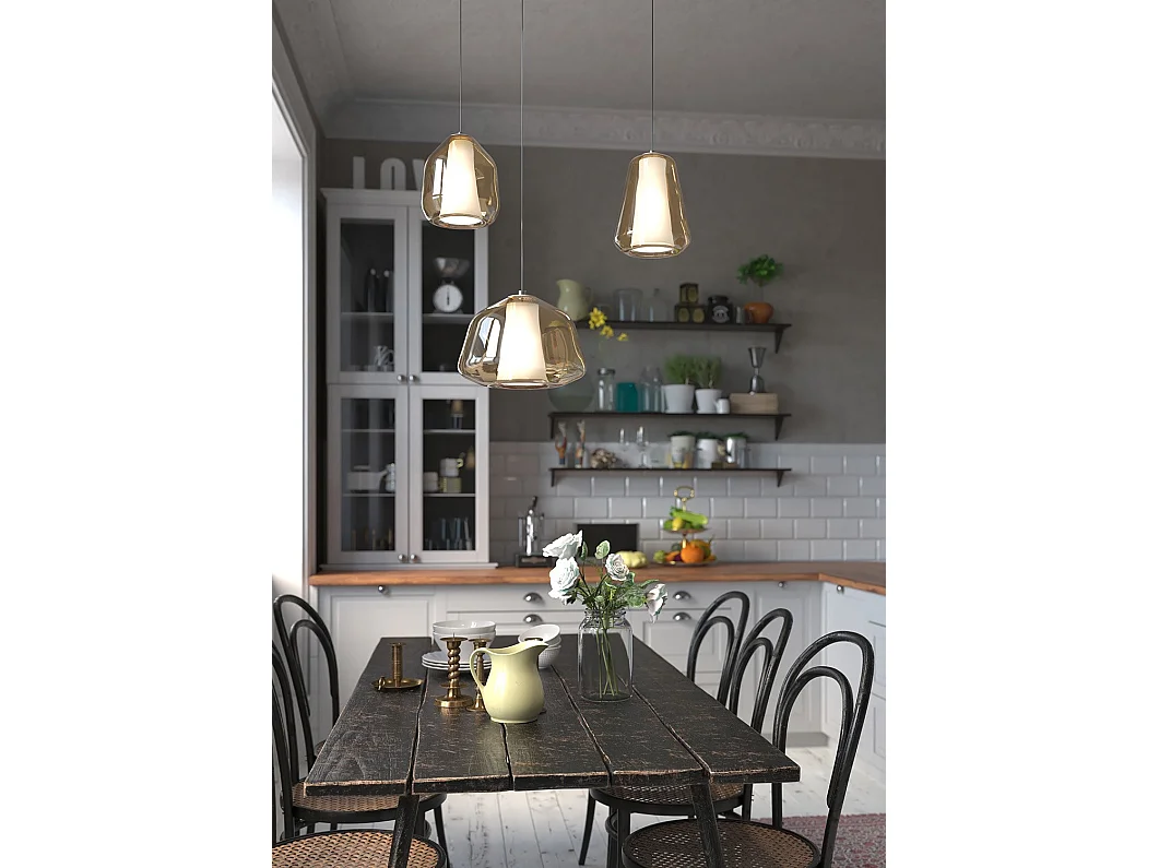 Sospensione Ottone Sat. 3 Luci Spostabile Vetri Alpha + Beta + Gamma Ambra