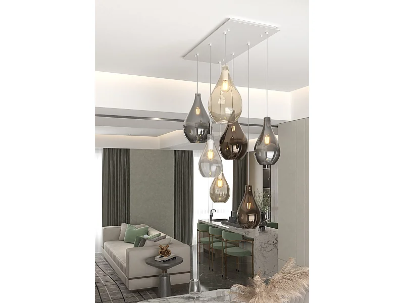 Sosp. Bianco 7 Luci Rettangolare Vetri (4 Piccoli (1Xam+1Xbr+1Xfu+1Xtr)+3 Medi (1Xam+1Xbr+1Xfu))