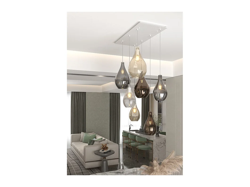 Sosp. Bianco 7 Luci Rettangolare Vetri (4 Piccoli (1Xam+1Xbr+1Xfu+1Xtr)+3 Medi (1Xam+1Xbr+1Xfu))