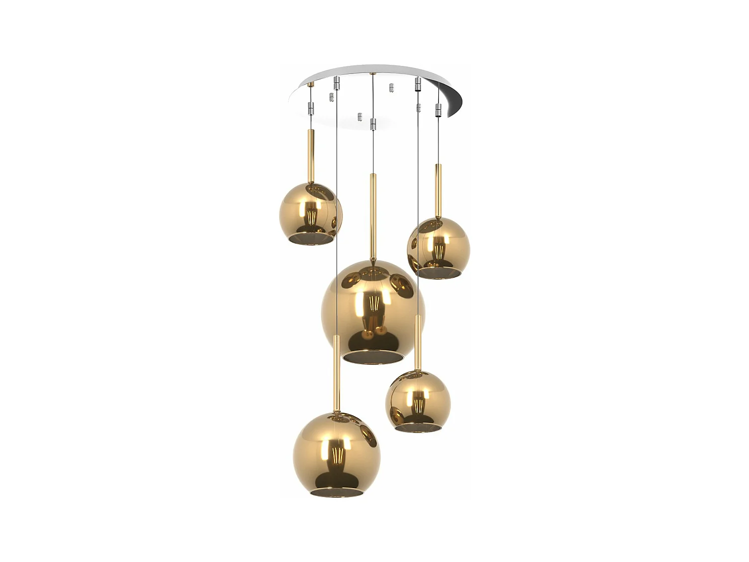 Sosp. Cromo Tonda 5 Luci Vetri (1 Grande+1 Medio+3 Piccolo) Tutti Oro