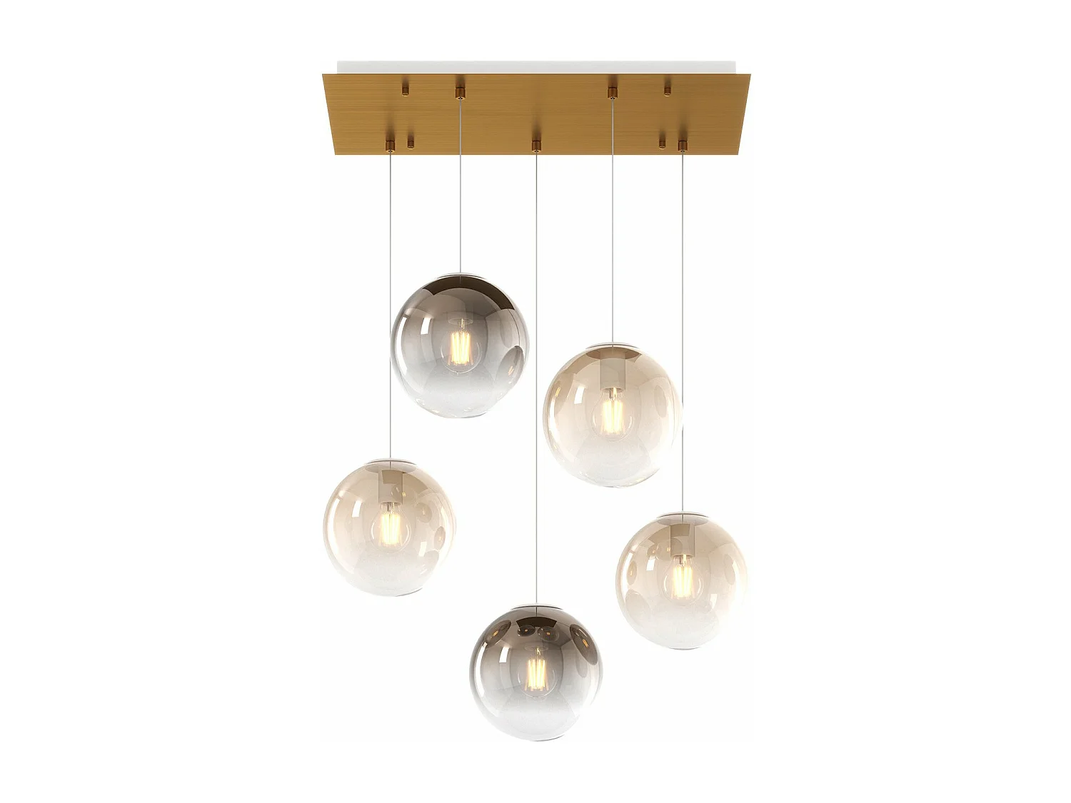 Sosp. Ottone Sat. 5 Luci Rettangolare Vetri Piccoli (3 Ambra+2 Bronzo)