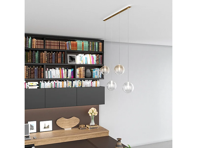 Sospensione Ottone Sat. 4 Luci Rettangolare Vetri 2X Tr + 2X Am