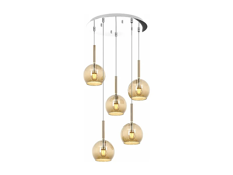 Sosp. Cromo Tonda 5 Luci Vetri Tutti Piccolo Ambra