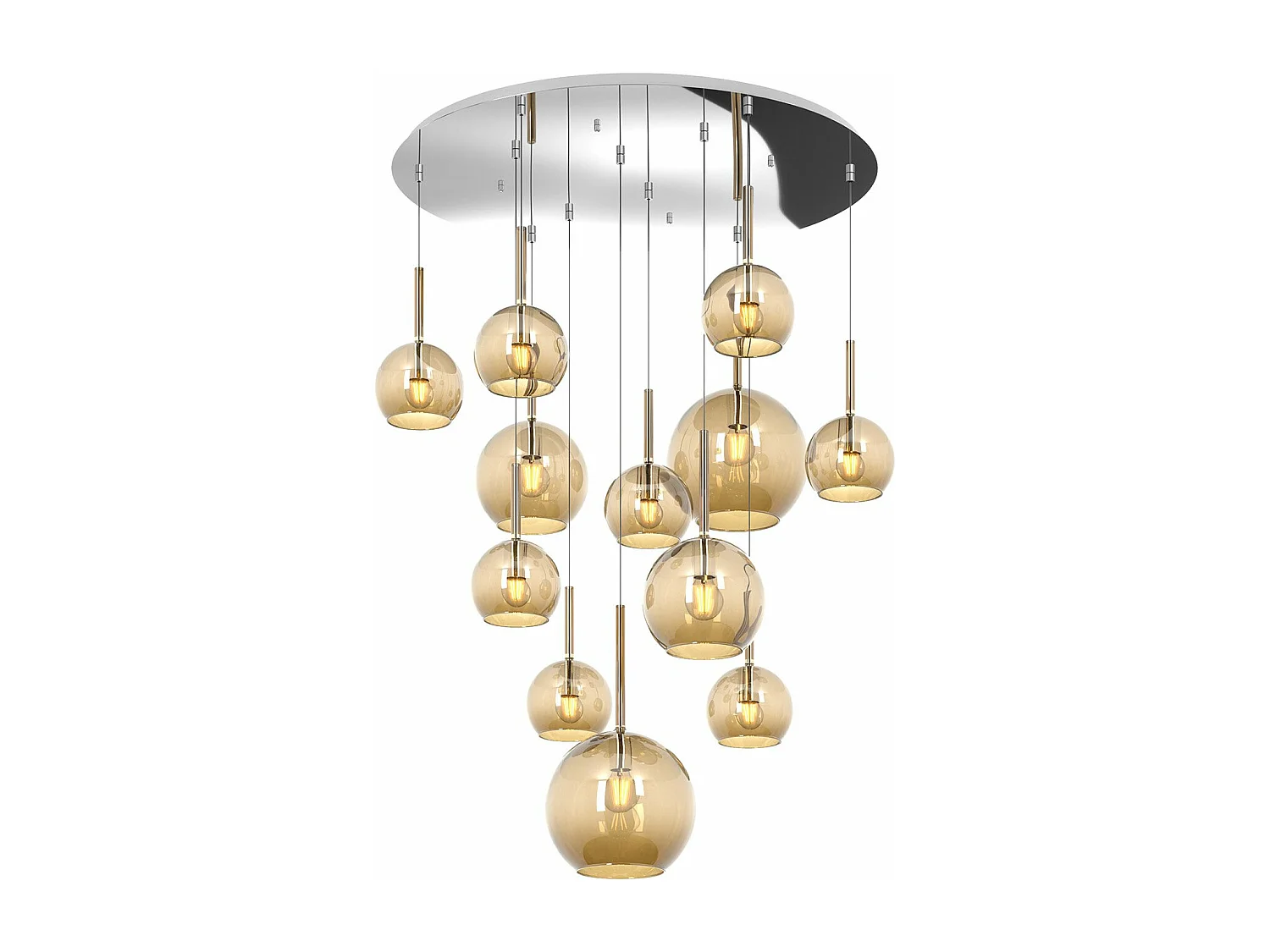 Sosp. Cromo Tonda 12 Luci Vetri (2 Grande + 2 Medio + 8 Piccolo) Tutti Ambra