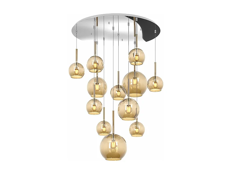 Sosp. Cromo Tonda 12 Luci Vetri (2 Grande + 2 Medio + 8 Piccolo) Tutti Ambra