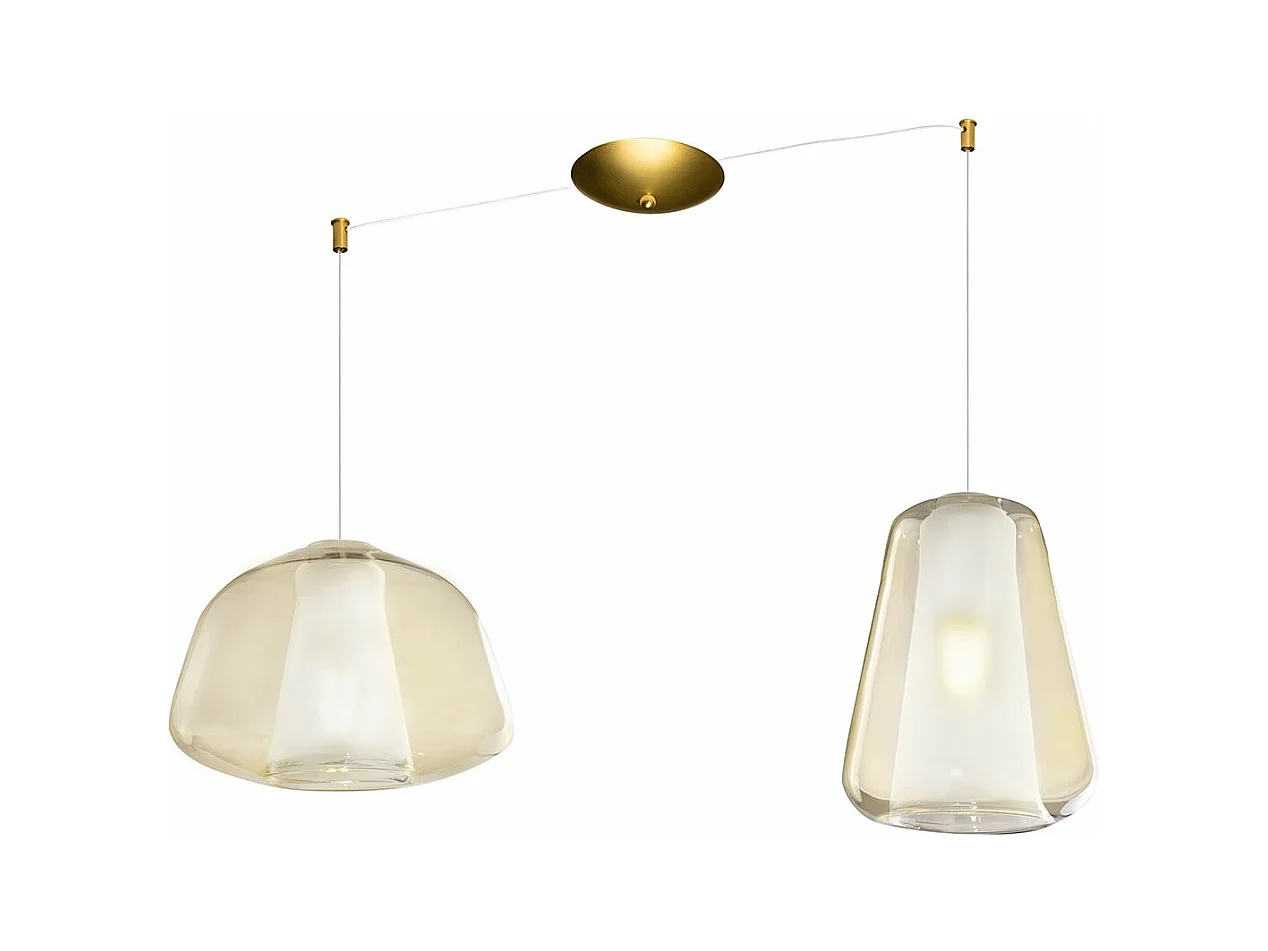 Sospensione Ottone Sat. 2 Luci Spostabile Vetri Alpha + Gamma Ambra