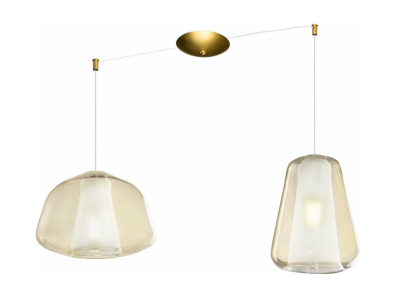 Sospensione Ottone Sat. 2 Luci Spostabile Vetri Alpha + Gamma Ambra