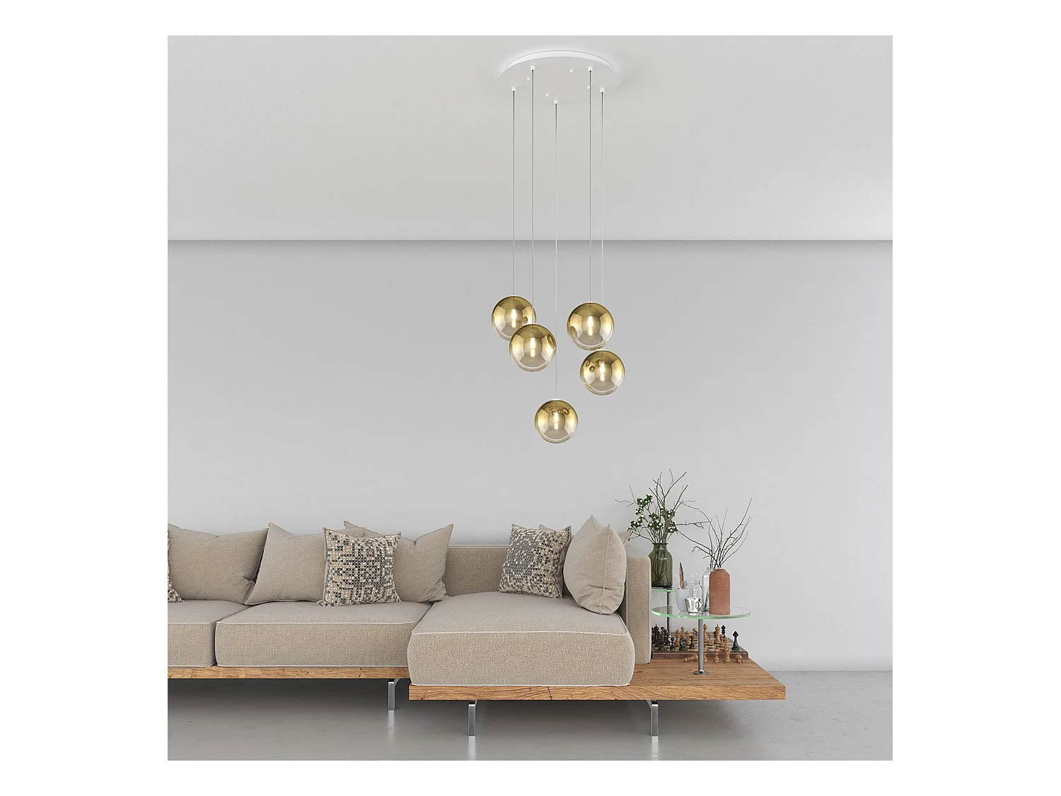 Sospensione Bianco 5 Luci Tonda Vetri Oro