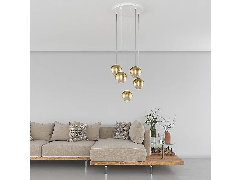 Sospensione Bianco 5 Luci Tonda Vetri Oro