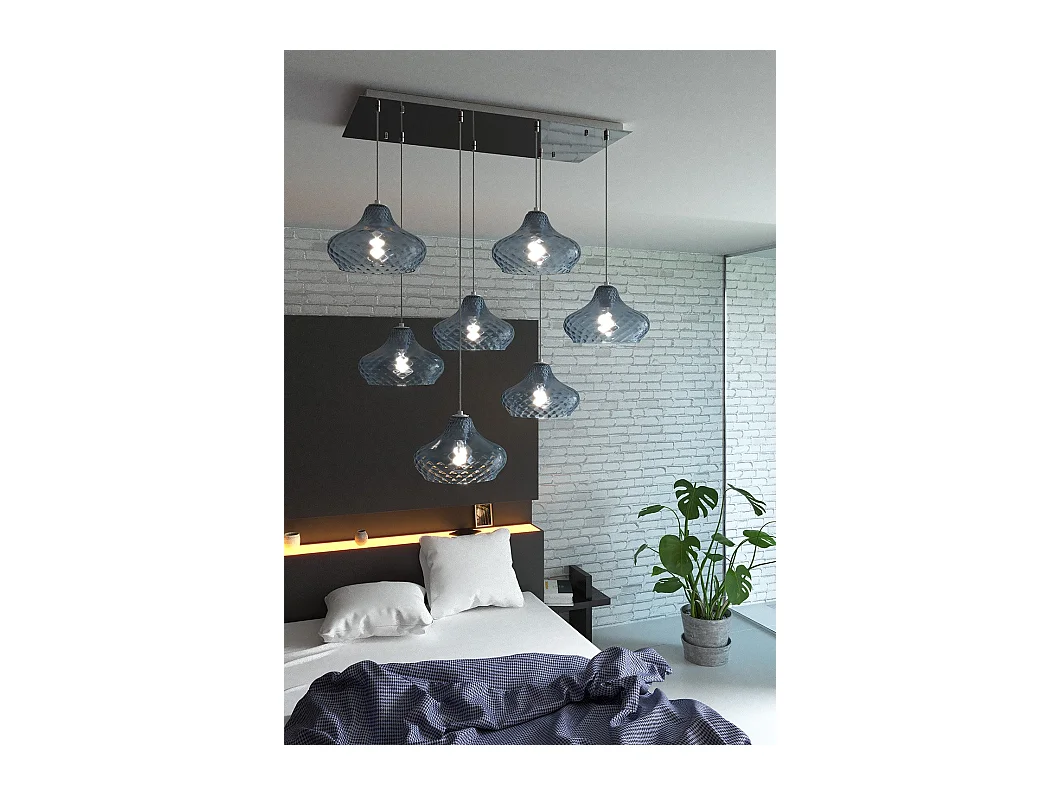 Sosp. Cromo 7 Luci Rettangolare Vetri (4 X Piccolo + 3 X Grande) Tutti Zaffiro