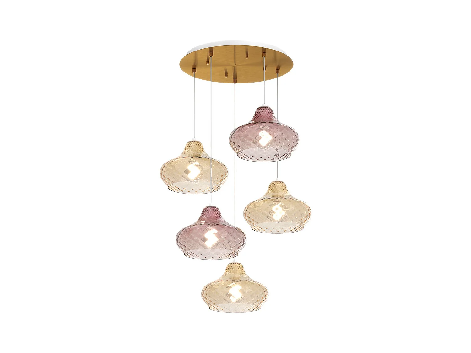 Sospensione Ottone Satinato 5 Luci Tonda Vetri (3 X Piccolo Am + 2 X Piccolo Ru)