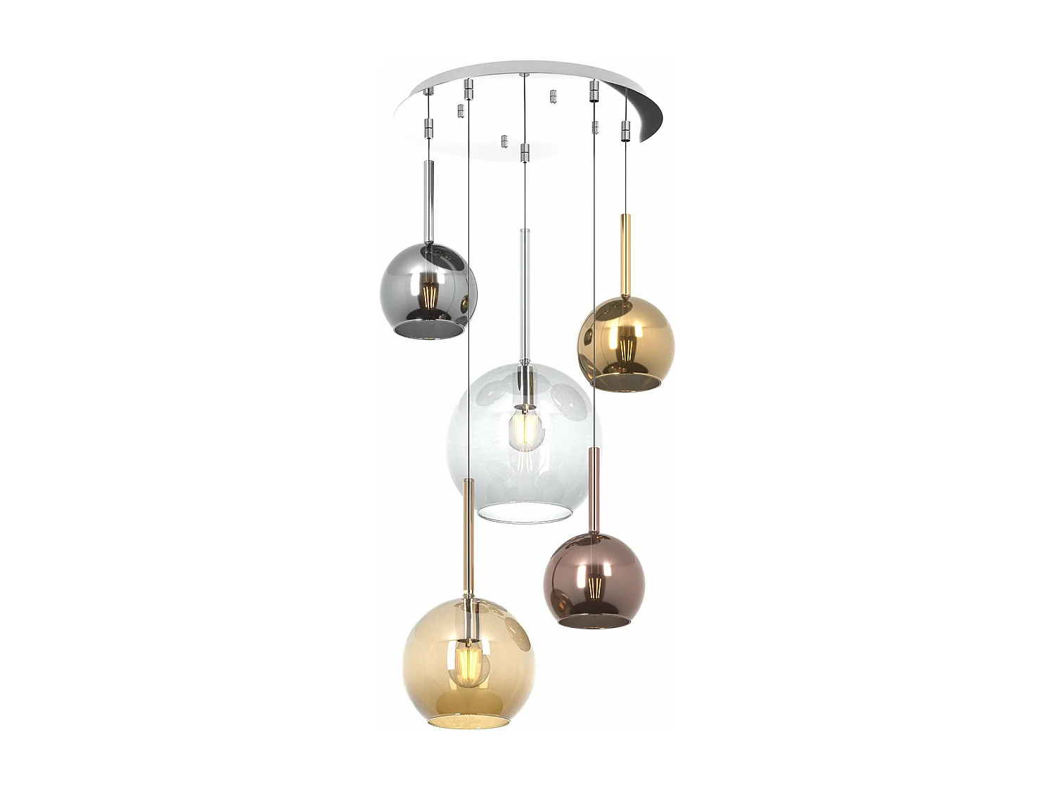 Sosp. Cromo Tonda 5 Luci Vetri (1 Grande Tr+1 Medio Am +3 Piccolo(1X Ra+1X Cr+1 X Or)