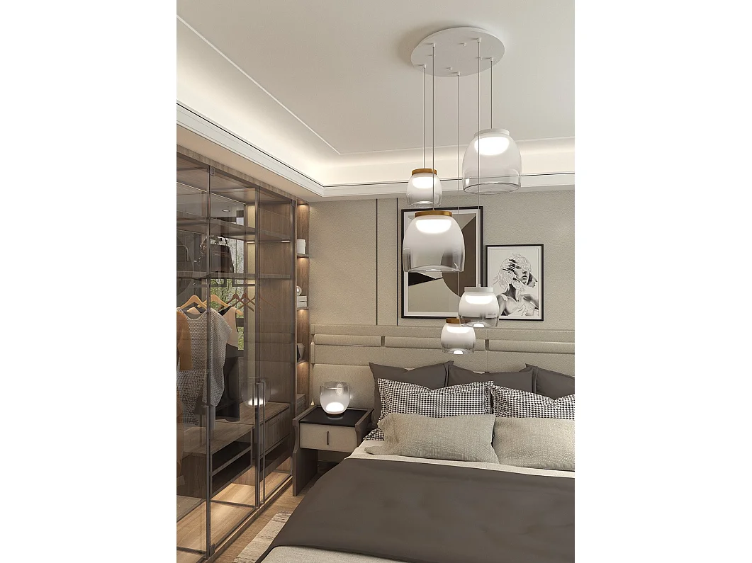 Drum Sosp. Tonda Bianco 5 Luci Vetri 3 Pic.(Dec.2 X Oo + 1 X Bi) + 2 Gr. (Dec.1 X Oo + 1 X Bi)