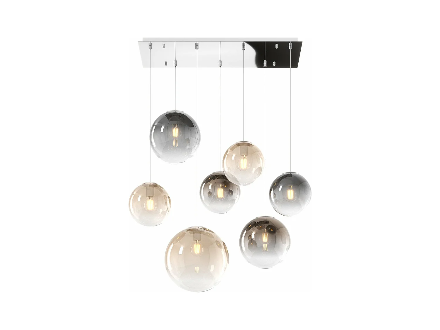 Sosp. Cromo 7 Luci Rettangolare Vetri (4 Piccoli(1Xfu+2Xam+1Xbr)+2 Medi (1Xfu+1Xbr)+1 Grande Am)