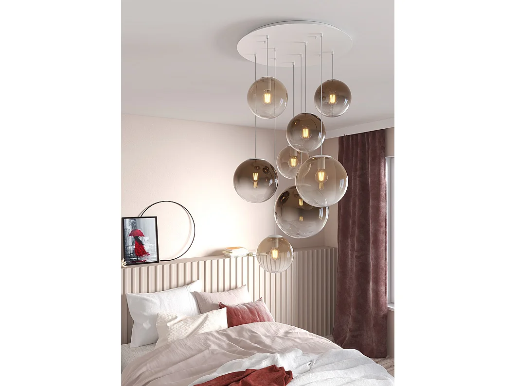 Sosp. Bianco 8 Luci Tonda Vetri (5 Piccoli (3Xam+2Xbr)+2 Medi (1Xam+1Xbr)+1 Grande Br)