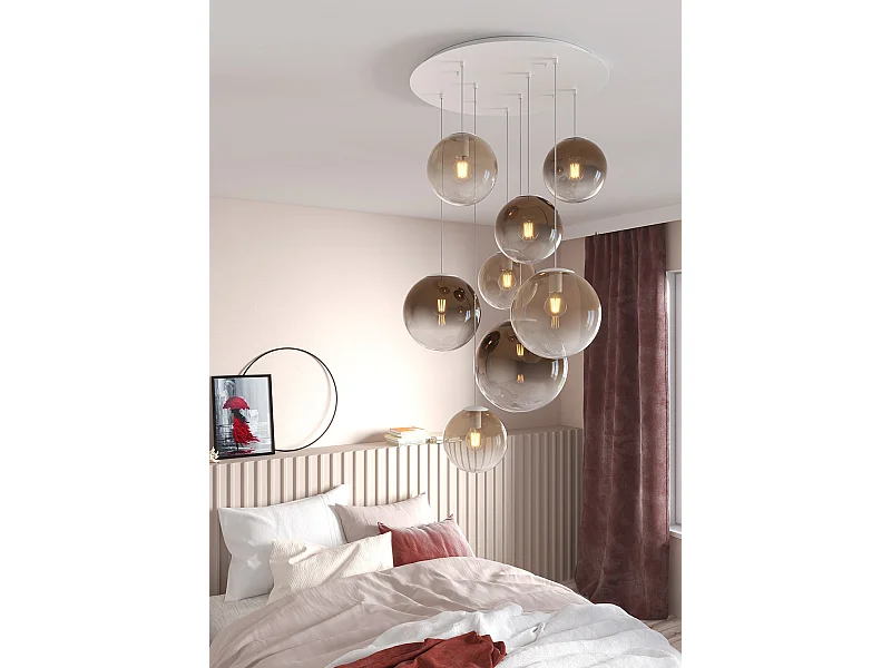 Sosp. Bianco 8 Luci Tonda Vetri (5 Piccoli (3Xam+2Xbr)+2 Medi (1Xam+1Xbr)+1 Grande Br)